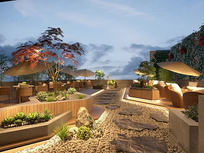 Rooftop Courtyard Garden With Red Maple Tree Pebble Path Outdoor Seating And Wooden Deck 3d model