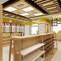 Well Organized Store Interior With Wooden Shelves Yellow Walls Bright Lighting And Category Sections