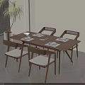 Wooden Dining Table With Four Beige Cushioned Chairs Plates Napkins And Potted Plant Near Window