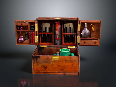 Open Vintage Wooden Chest With Various Equipment Glass Bottles And Small Tools 3d model