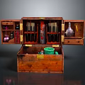 Open Vintage Wooden Chest With Various Equipment Glass Bottles And Small Tools