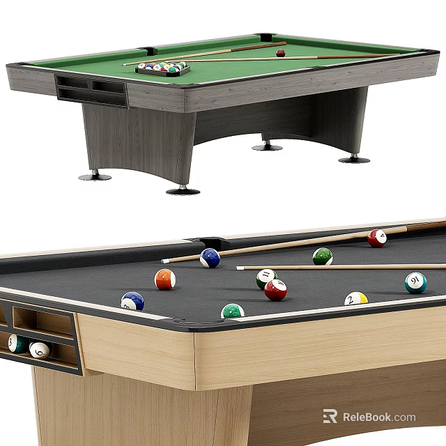 Modern Pool Table With Green Felt Surface Wooden Frame Billiard Balls And Cue Sticks 3d model 
