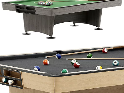 Modern Pool Table With Green Felt Surface Wooden Frame Billiard Balls And Cue Sticks 3d model