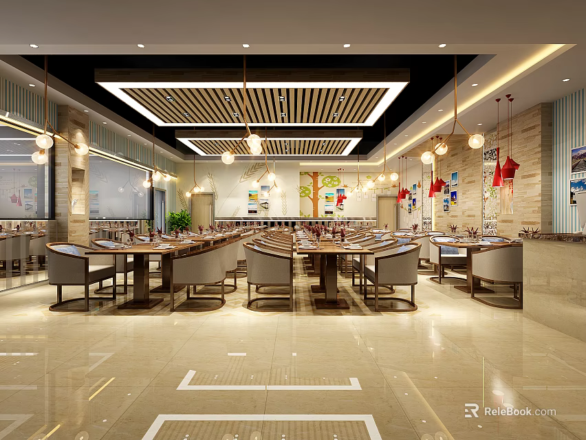 Spacious Restaurant Interior Design With Wooden Ceiling Pendant Lights And Marble Floor 3d model 