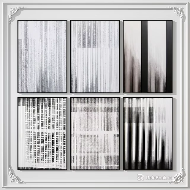Abstract Paintings Black And White With Vertical Stripes Grid Patterns And Geometric Textures Wall Composition 3d model 