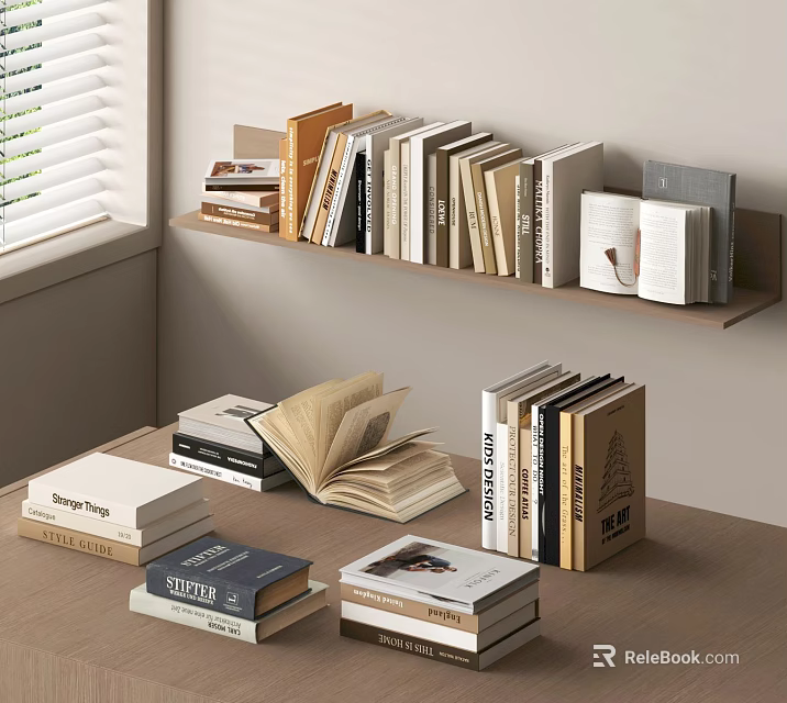 Open Books And Stacked Magazines On Wooden Shelf By Window Interior 3d model 