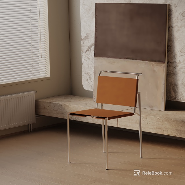 Modern Brown Leather Dining Chair With Metal Frame In Room With Window And Painting 3d model 