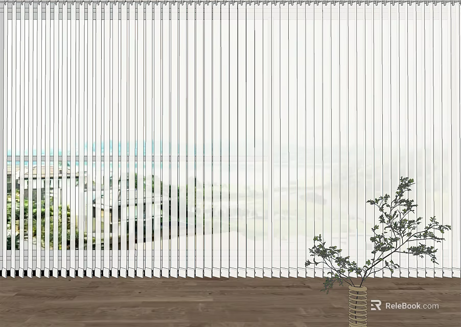 White Vertical Blinds With Ocean View And Indoor Plant Decoration 3d model 