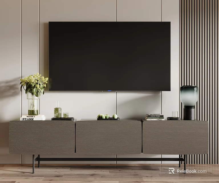 Modern TV Stand with Wall Mounted TV and Decorative Items Vase Glass Cups Fruits Books 3d model 