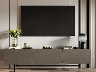 Modern TV Stand with Wall Mounted TV and Decorative Items Vase Glass Cups Fruits Books 3d model