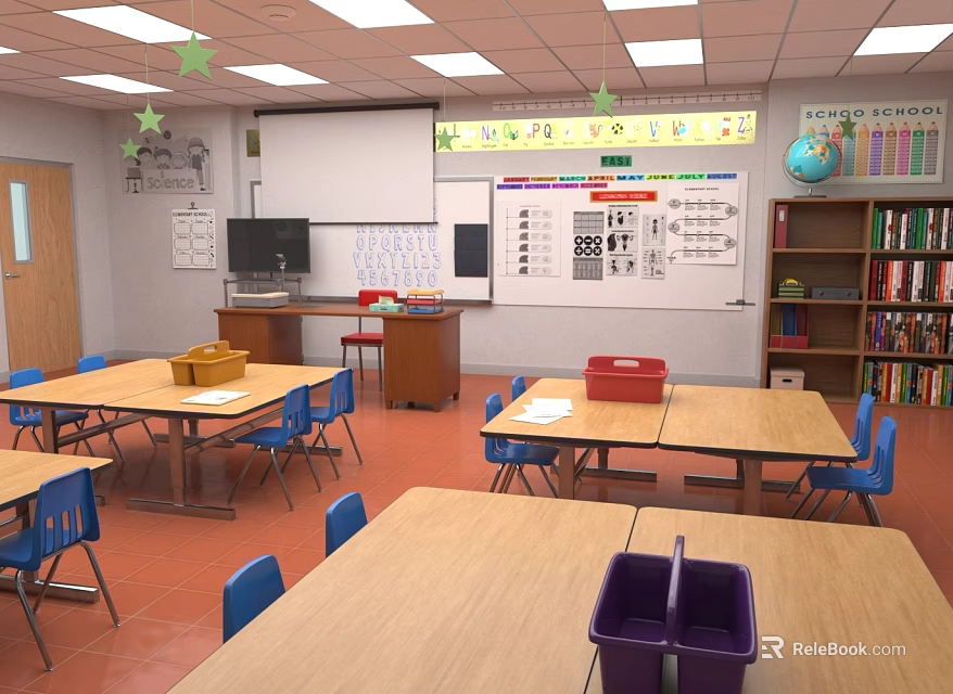 Colorful Classroom Interior With Tables Blue Chairs Bookshelves Globe Whiteboard And Green Star Decorations 3d model 