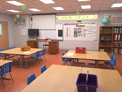 Colorful Classroom Interior With Tables Blue Chairs Bookshelves Globe Whiteboard And Green Star Decorations 3d model