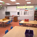 Colorful Classroom Interior With Tables Blue Chairs Bookshelves Globe Whiteboard And Green Star Decorations