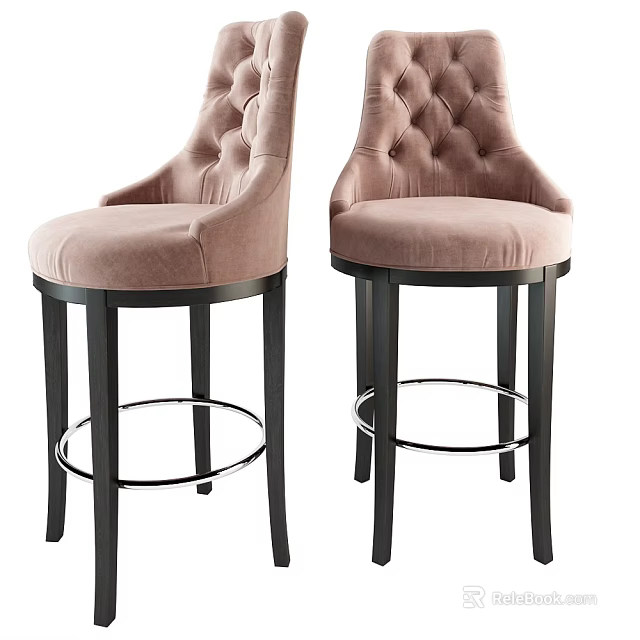 Light Pink Velvet Bar Stools With Tufted Backrest Black Wooden Legs And Metal Footrest 3d model 