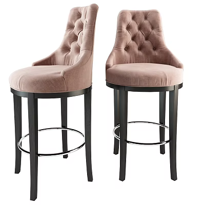 Light Pink Velvet Bar Stools With Tufted Backrest Black Wooden Legs And Metal Footrest 3d model