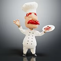Cartoon Chef Character Wearing White Uniform With Red Mustache OK Gesture And Plate Of Food