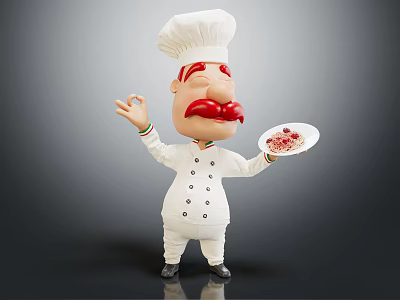 Cartoon Chef Character Wearing White Uniform With Red Mustache OK Gesture And Plate Of Food 3d model