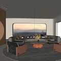 Modern Sales Office Interior Design With Sofa Round Coffee Table And Large Window View
