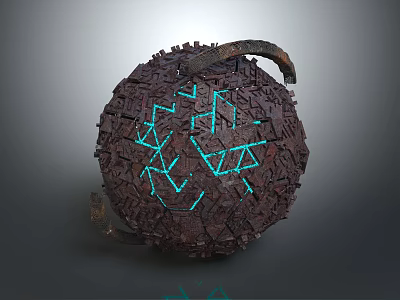 Ancient Fragmented Sphere With Glowing Blue Geometric Patterns And Tentacle Like Appendages 3d model