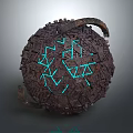 Ancient Fragmented Sphere With Glowing Blue Geometric Patterns And Tentacle Like Appendages