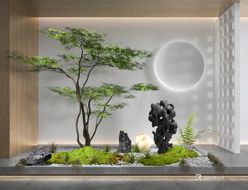 Serene Courtyard Garden with Tree Black Stone Green Moss White Moon Wooden Lattice Door 3d model 