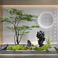 Serene Courtyard Garden with Tree Black Stone Green Moss White Moon Wooden Lattice Door