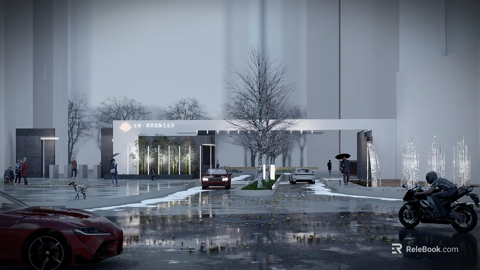 Modern Building Entrance Gate With Trees Cars Pedestrians And Illuminated Wet Ground 3d model 