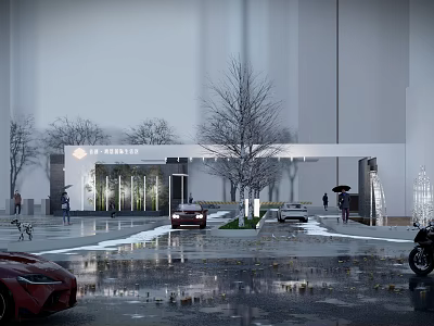 Modern Building Entrance Gate With Trees Cars Pedestrians And Illuminated Wet Ground 3d model