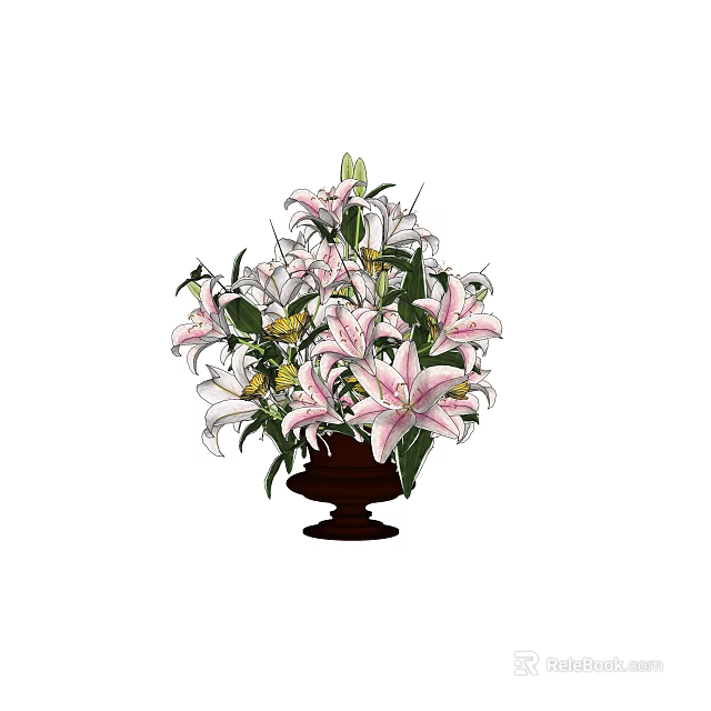 Beautiful Pink And White Lilies In Brown Vase With Green Leaves 3d model 