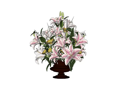 Beautiful Pink And White Lilies In Brown Vase With Green Leaves 3d model