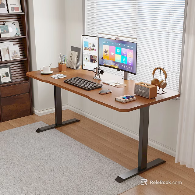Wooden Office Desk With Dual Monitors Keyboard Headphones Stationery And Organized Workspace 3d model 