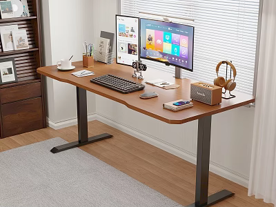 Wooden Office Desk With Dual Monitors Keyboard Headphones Stationery And Organized Workspace 3d model
