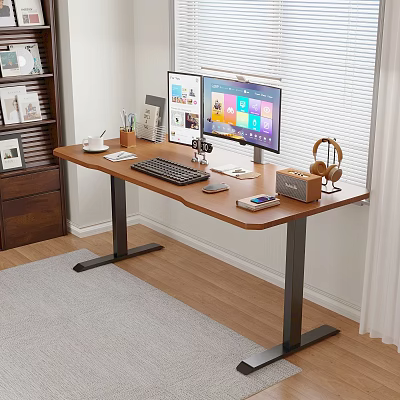 Wooden Office Desk With Dual Monitors Keyboard Headphones Stationery And Organized Workspace 3d model