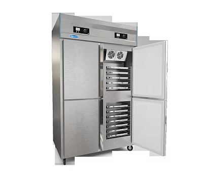 Stainless Steel Double Door Refrigerator Freezer With Open Doors And Internal Shelves On Wheels 3d model