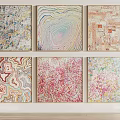 Photo Wall with Six Colorful Abstract Paintings Featuring Vibrant Patterns and Textures