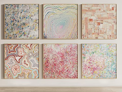 Photo Wall with Six Colorful Abstract Paintings Featuring Vibrant Patterns and Textures 3d model