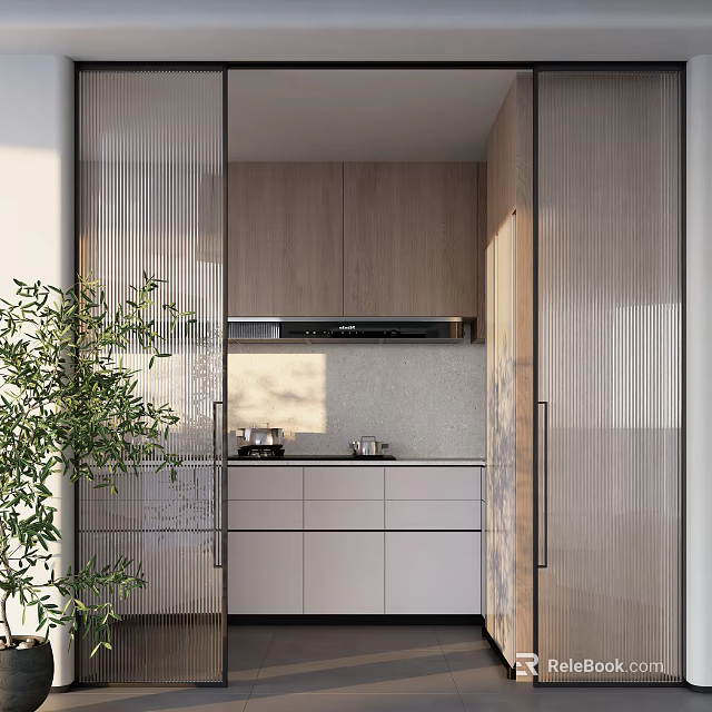 Modern Kitchen Interior With Stylish Sliding Glass Doors And Wooden Cabinets Design 3d model 