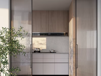 Modern Kitchen Interior With Stylish Sliding Glass Doors And Wooden Cabinets Design 3d model