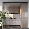 Modern Kitchen Interior With Stylish Sliding Glass Doors And Wooden Cabinets Design