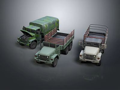 Military Truck Models In Green And White With Cargo Beds And Canvas Covers 3d model