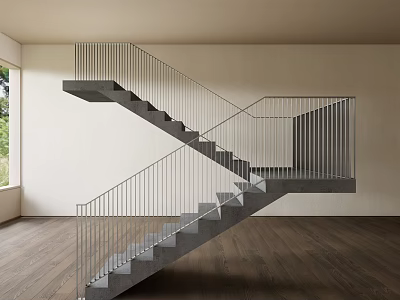 Concrete Staircase With Metal Railings In Modern Interior Wooden Floor And Window 3d model