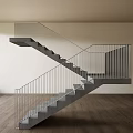 Concrete Staircase With Metal Railings In Modern Interior Wooden Floor And Window