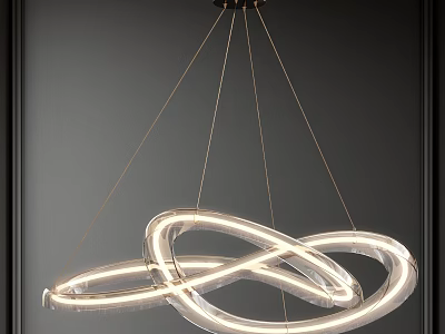 Modern Infinity Loop Chandelier Design With Transparent Acrylic Rings And Golden Hanging Wires 3d model