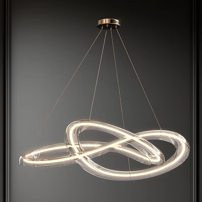 Modern Infinity Loop Chandelier Design With Transparent Acrylic Rings And Golden Hanging Wires 3d model