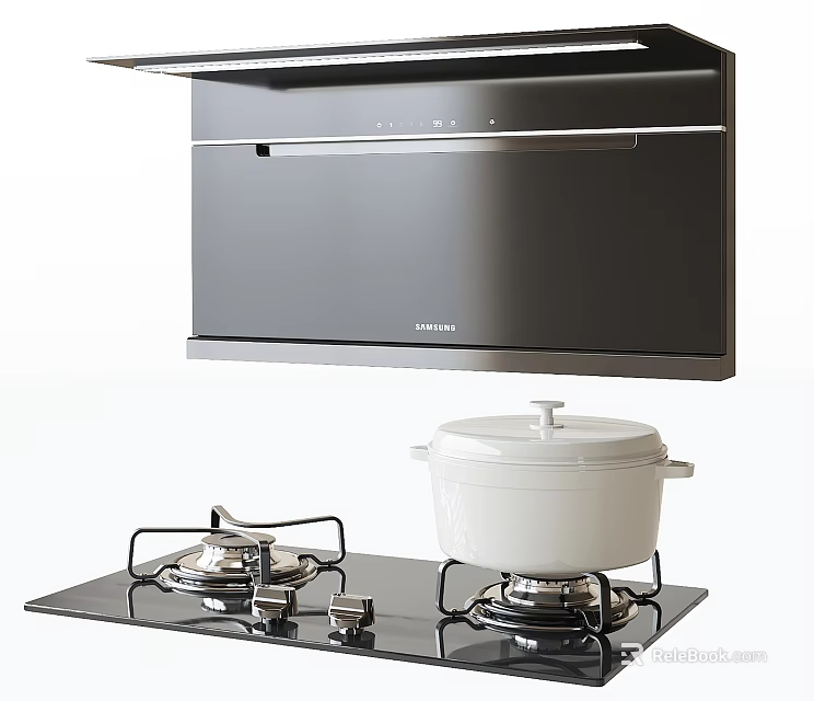 Modern Kitchen Appliances Featuring Stainless Steel Range Hood And Gas Cooktop With Cooking Pot 3d model 