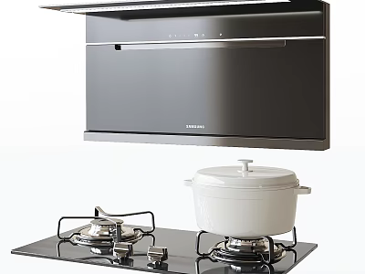 Modern Kitchen Appliances Featuring Stainless Steel Range Hood And Gas Cooktop With Cooking Pot 3d model
