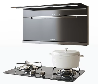 Modern Kitchen Appliances Featuring Stainless Steel Range Hood And Gas Cooktop With Cooking Pot 3d model