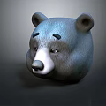 Cartoon Style 3D Bear Head Model With Blue Gray Fur And Black Eyebrows