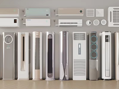 Various Types Of Modern Air Conditioners And Fans Featuring Wall Mounted And Standing Designs 3d model