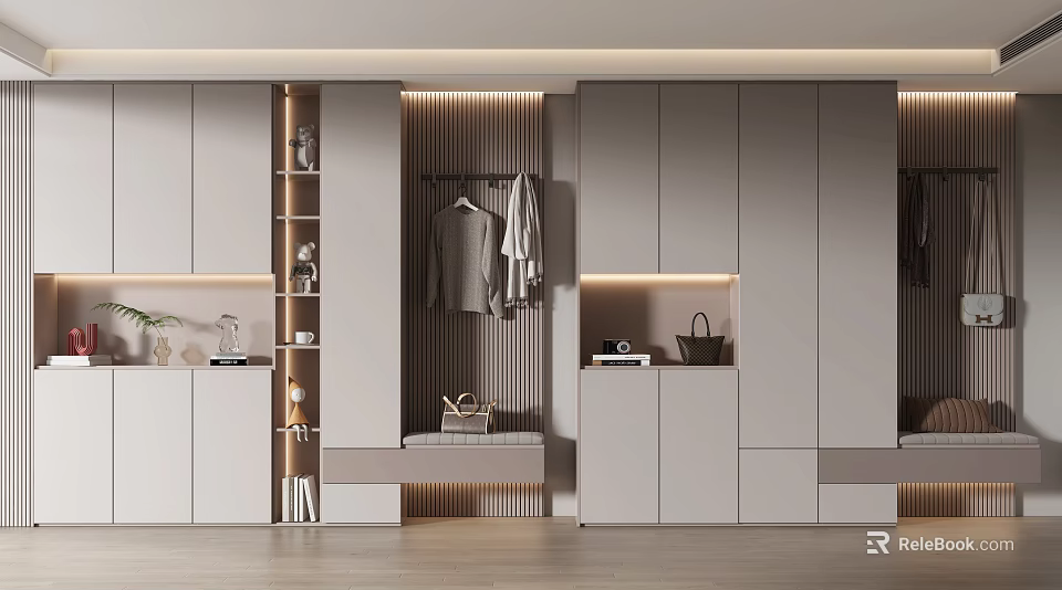 Modern Shoe Cabinet With Coat Rack Bench LED Lighting And Storage Compartments 3d model 
